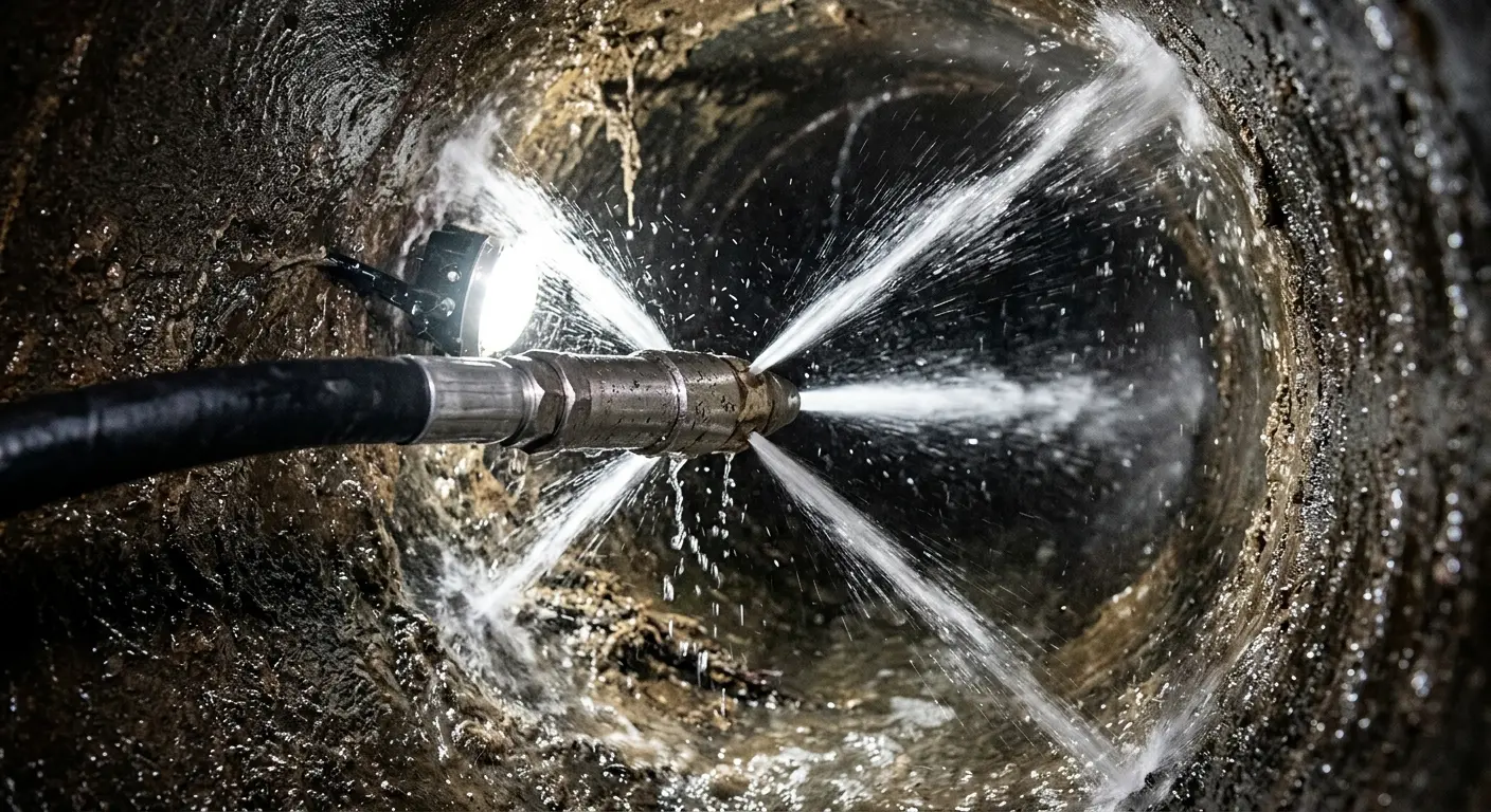 High-pressure hydro jetting nozzle cleaning sewer pipe for Emergency Drain Service in Auburn